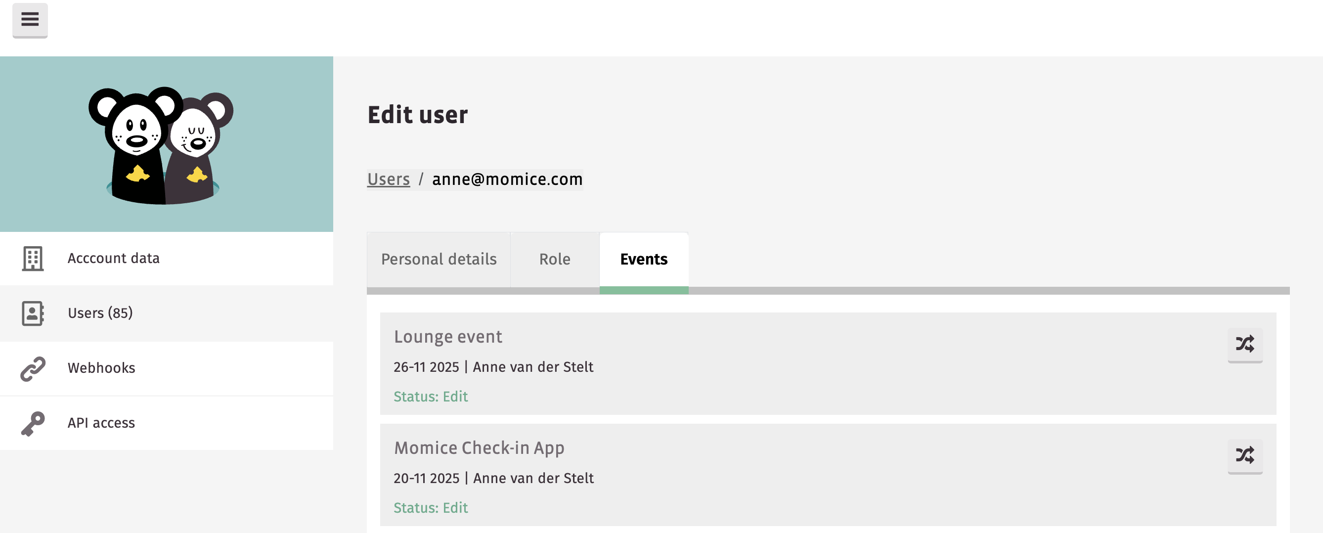 Screenshot user dashboard with change user option