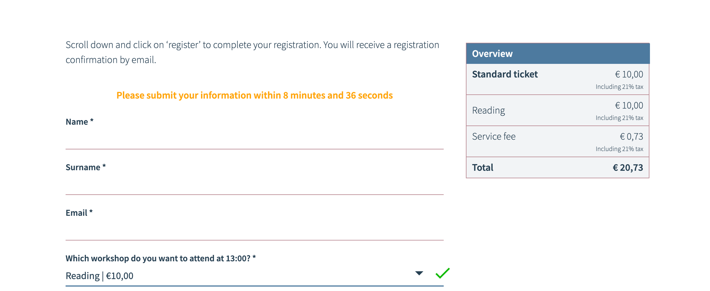 Screenshot paid registration questions in registration form