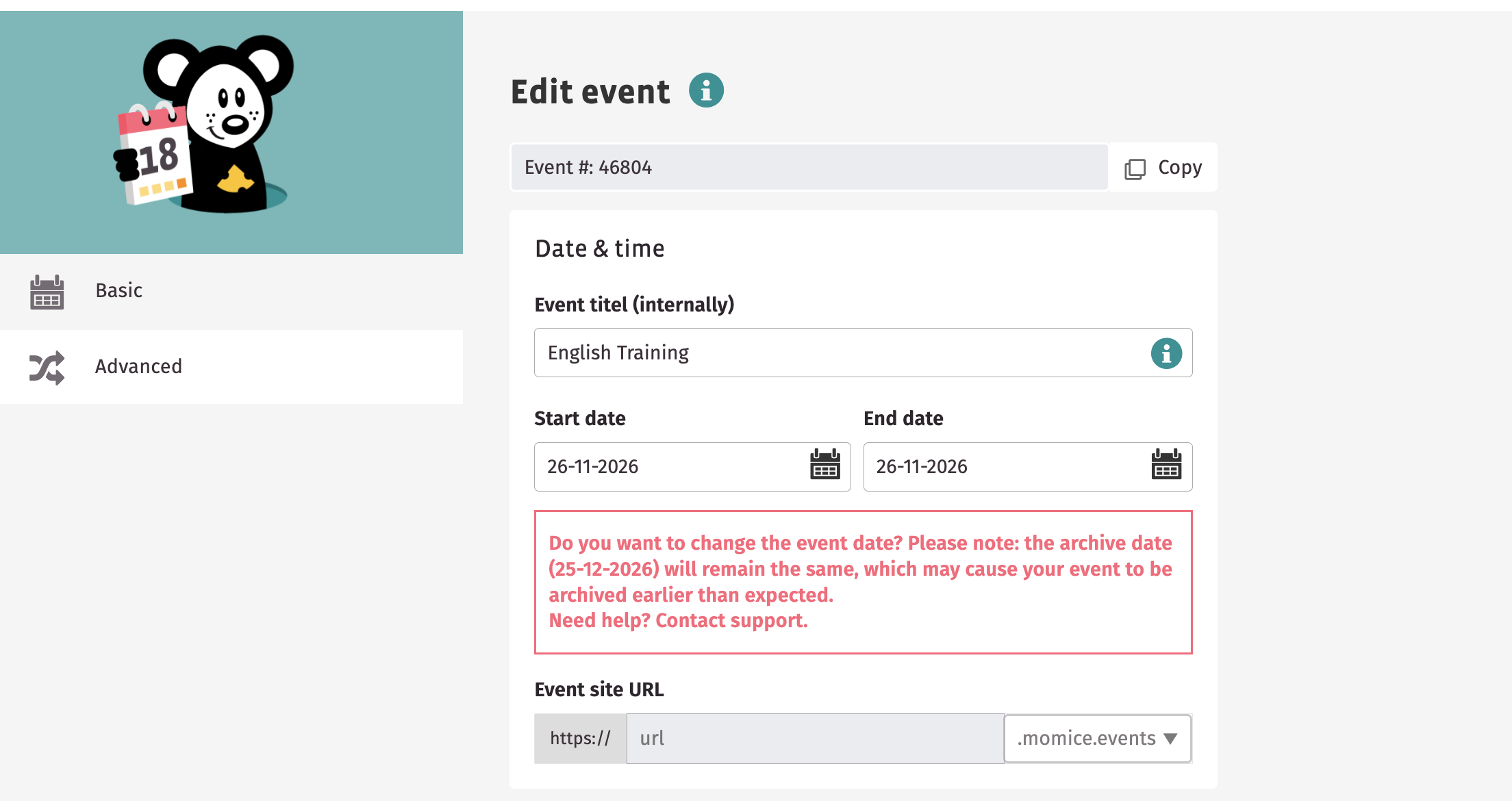 Screenshot copy event number in event settings